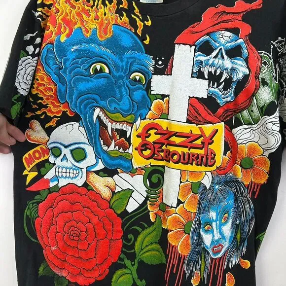 Vintage Ozzy Osbourne Tattoos All Over Print Concert Shirt 1992 Black Size L